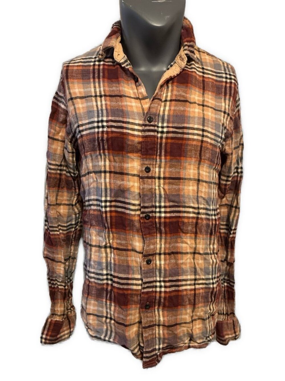 Scotch & Soda Mens Orange Brown Plaid Flannel Button-Up Shirt Large